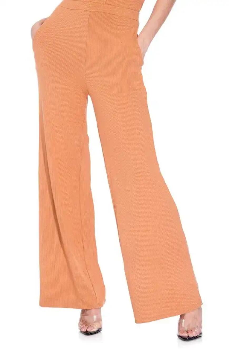 NEW AFRM Dawson Caramel Ribbed Wide Leg Pants Stretch High Rise Womens XS